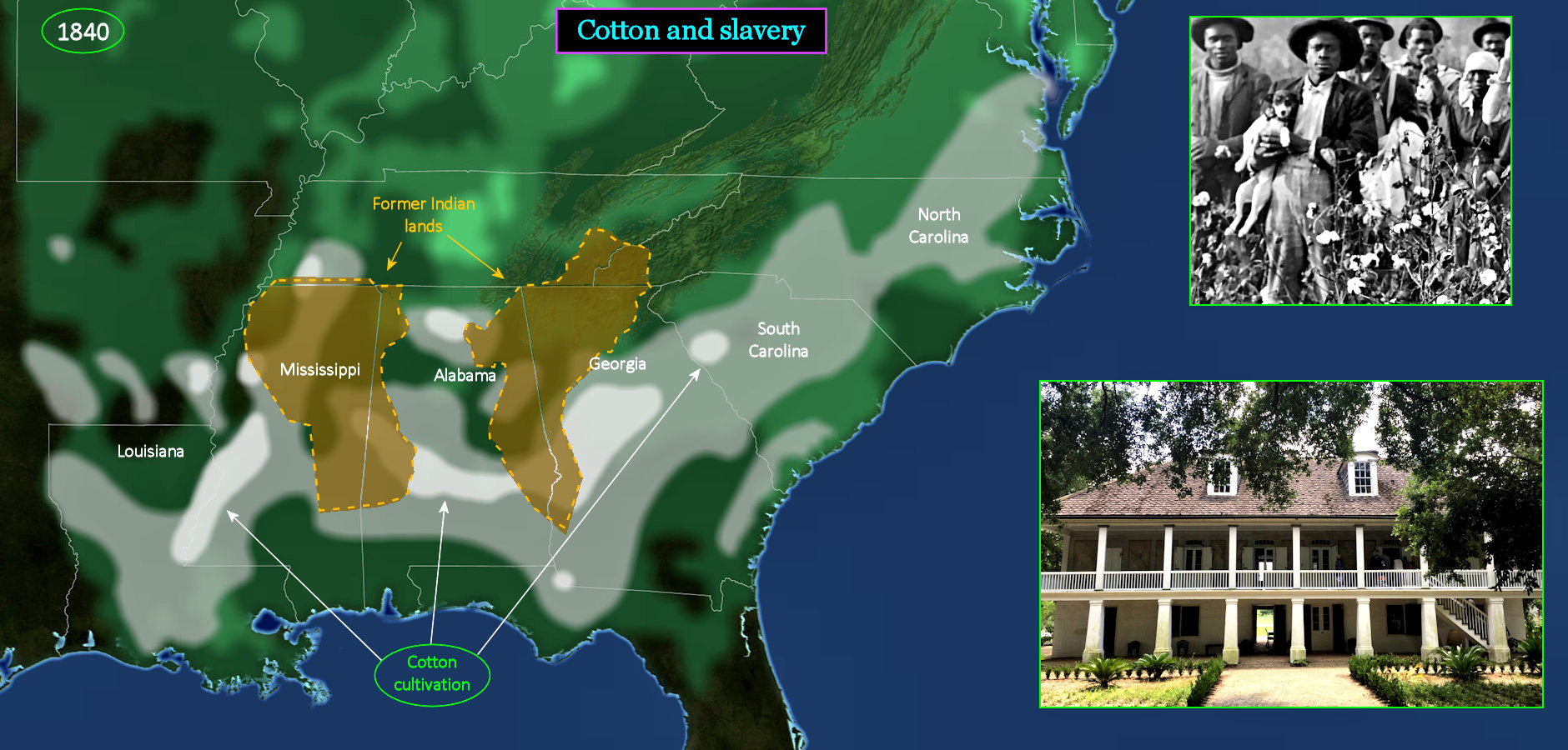 Cotton plantations and slavery, 1840 map